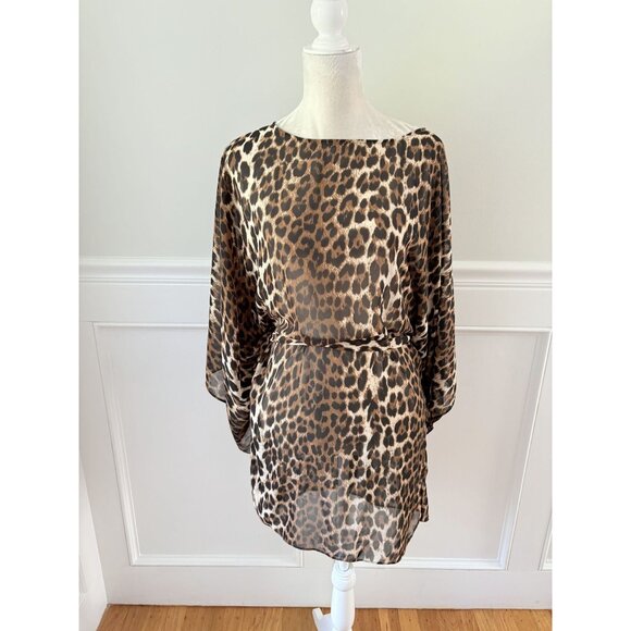 Chicos Leopard Print Sheer Caftan Top With Tie Waist Size 0 S - Picture 1 of 5